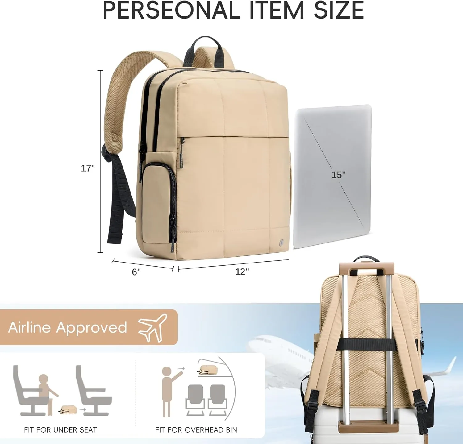 CLUCI Quilted Laptop Backpack fits 15.6" Laptop, Travel Backpack for Women, Lightweight Carry on Backpack for Airplanes, Puffy Gym Bag with Shoe Compartment (Camel)