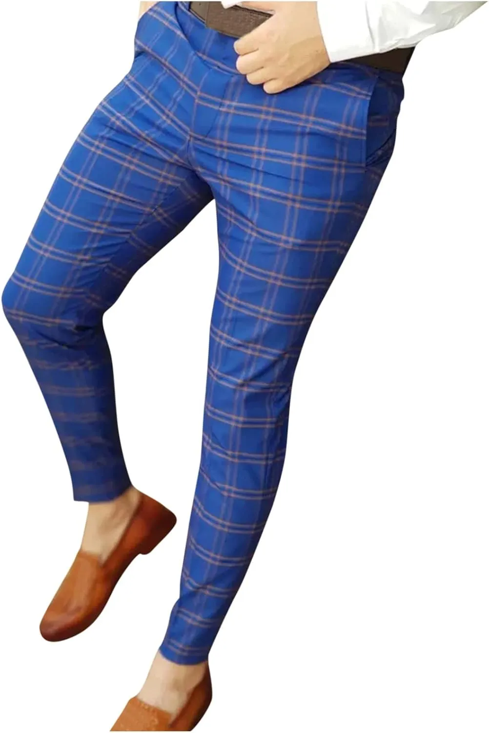 Color Block Pants for Men Comfy Plaid Cotton Stretch Shaping Flat Front Casual Slim Fit Business Dress Tapered Chinos Trouser