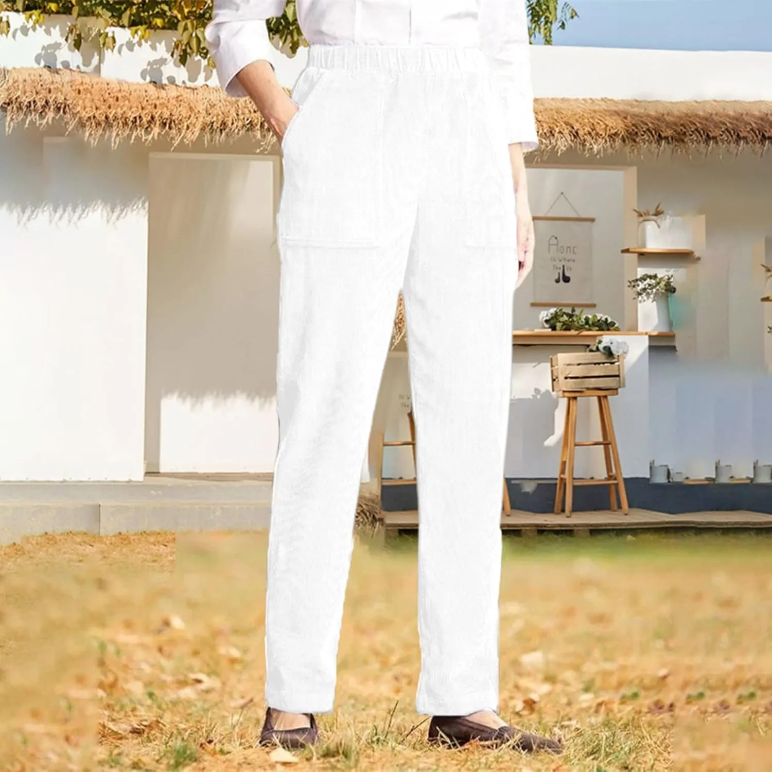 Corduroy Pants Women Casual Elastic High Waist Petite Pants Straight Leg Pants Loose Comfy Trousers with Pockets