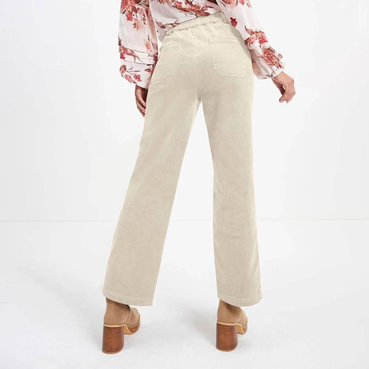 Corduroy Pants Women Elastic High Waisted Straight Leg Work Pants Business Casual Loose Trousers Pants with Pockets