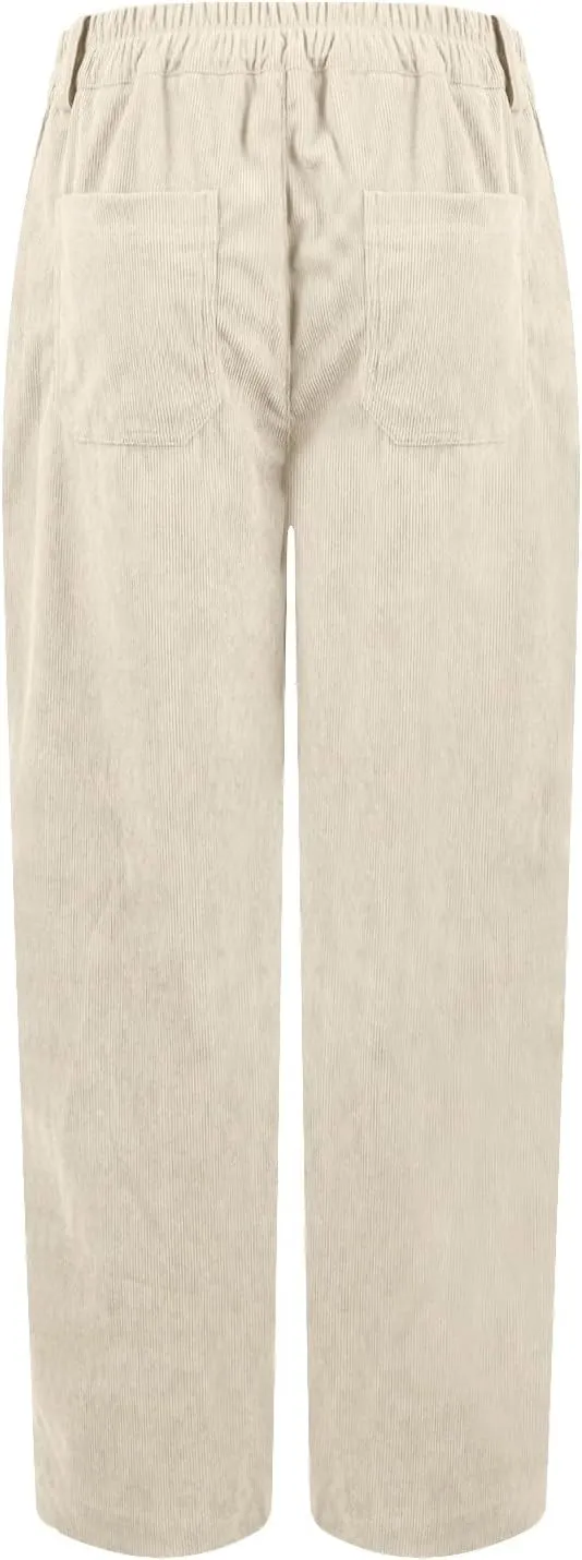 Corduroy Pants Women Elastic High Waisted Straight Leg Work Pants Business Casual Loose Trousers Pants with Pockets