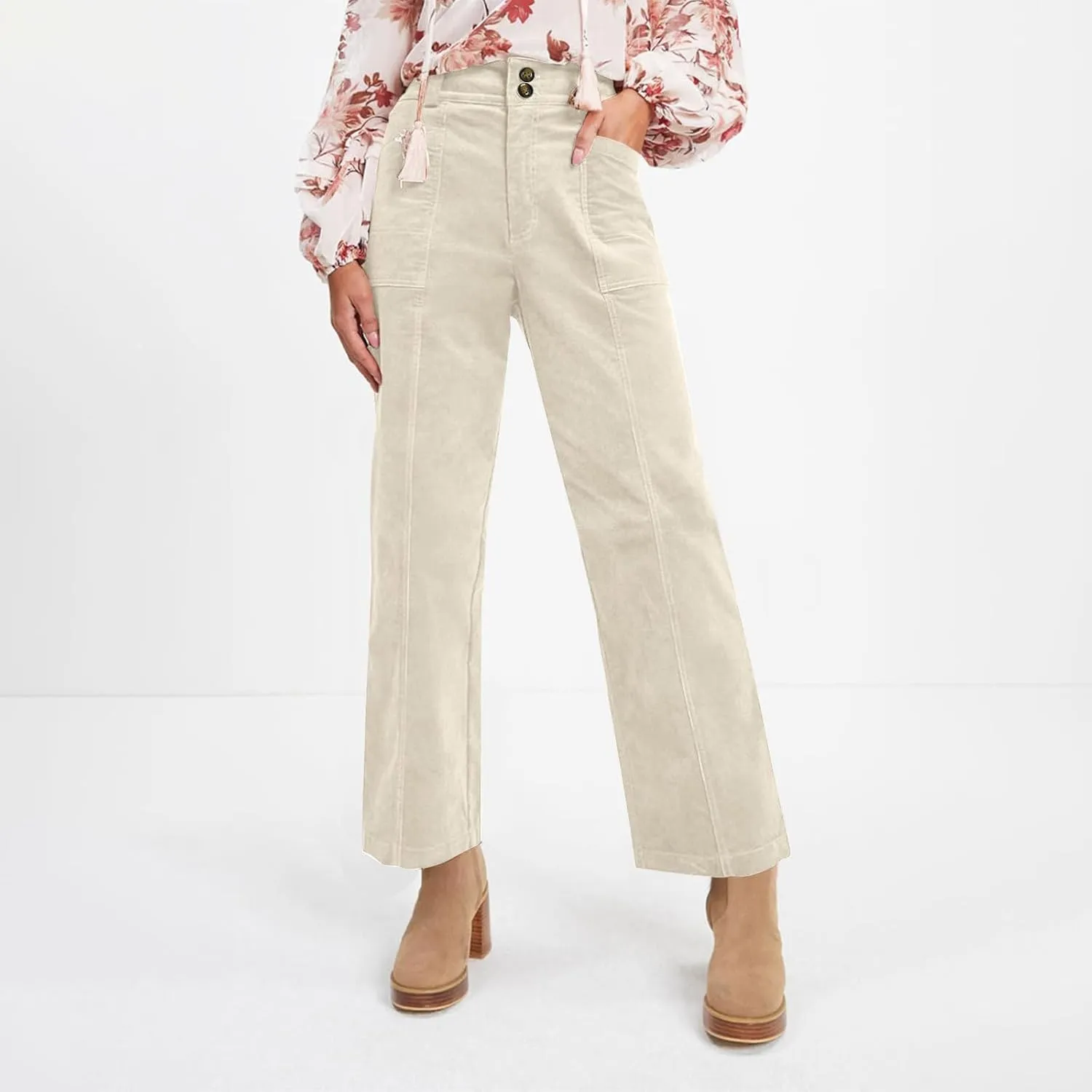 Corduroy Pants Women Elastic High Waisted Straight Leg Work Pants Business Casual Loose Trousers Pants with Pockets