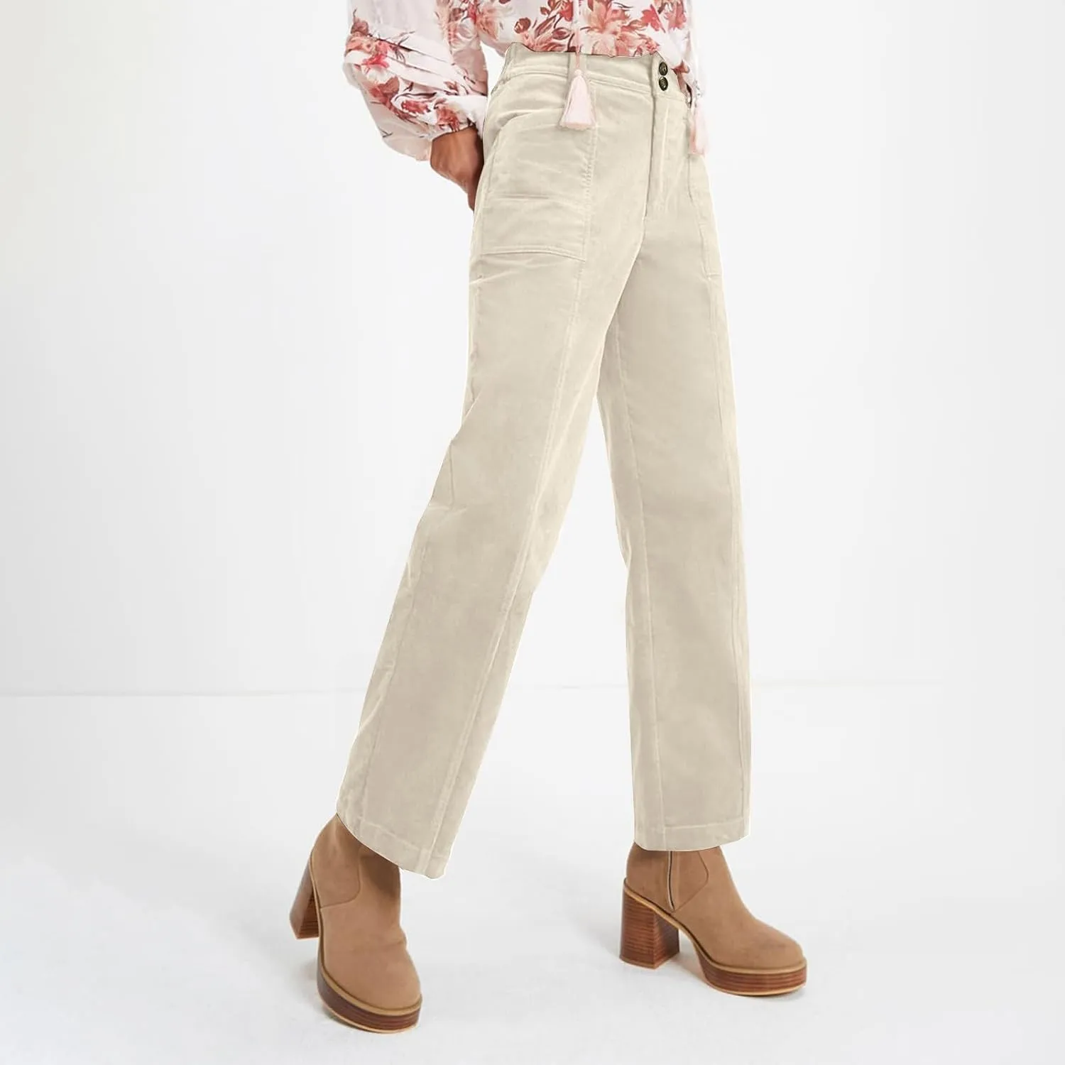 Corduroy Pants Women Elastic High Waisted Straight Leg Work Pants Business Casual Loose Trousers Pants with Pockets