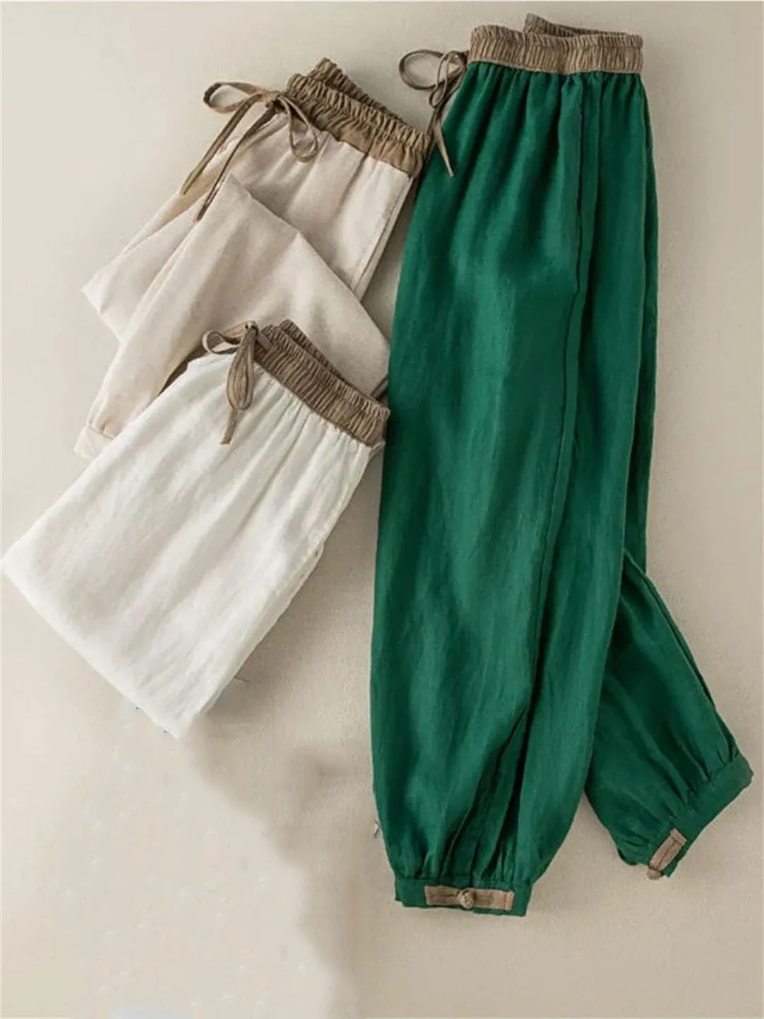 Cotton and Linen Casual Harem Pants for Women's Summer Elastic Waist Loose Simple Cropped Pants