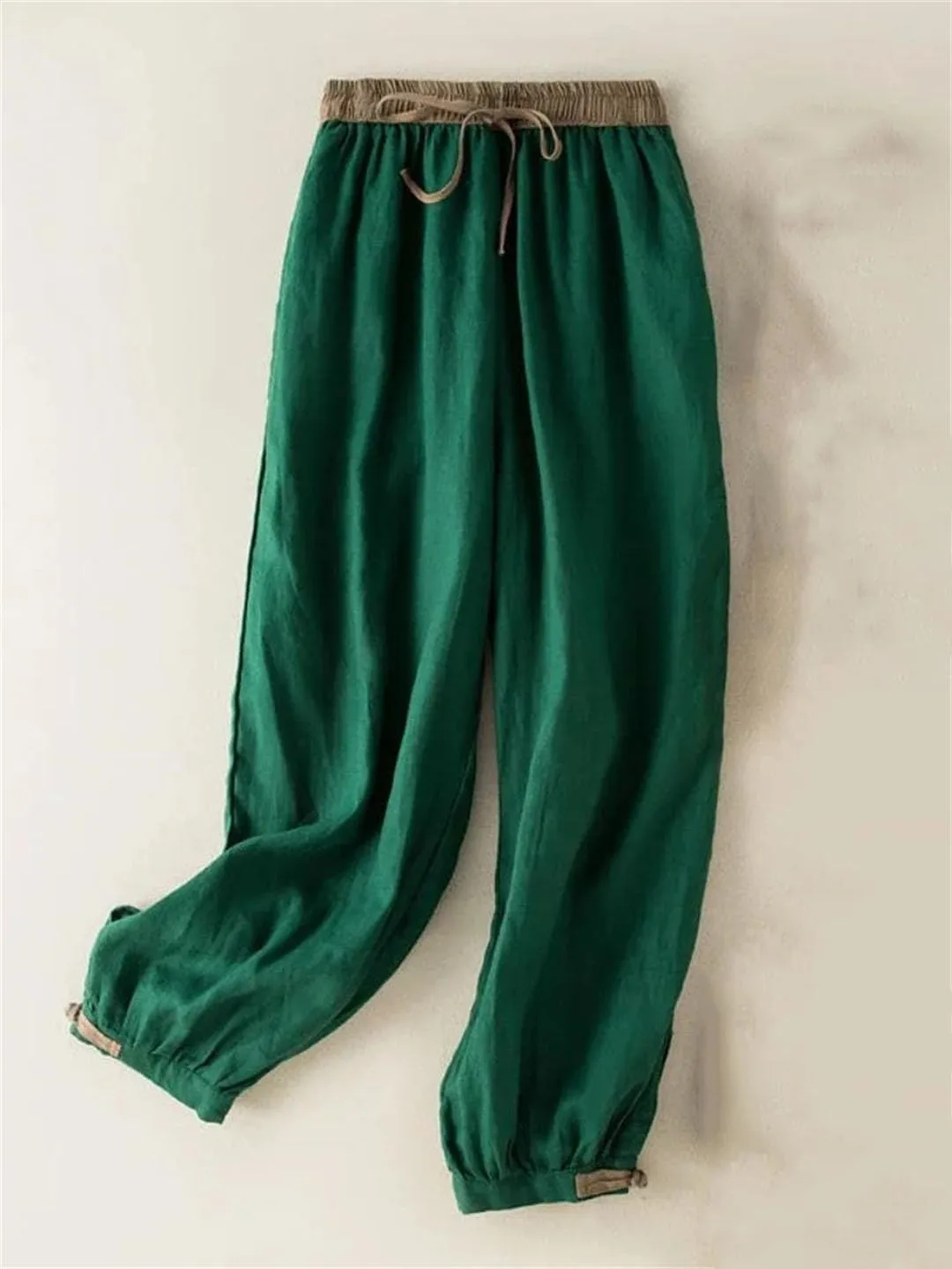Cotton and Linen Casual Harem Pants for Women's Summer Elastic Waist Loose Simple Cropped Pants