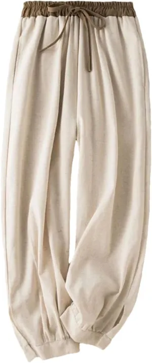 Cotton and Linen Casual Harem Pants for Women's Summer Elastic Waist Loose Simple Cropped Pants