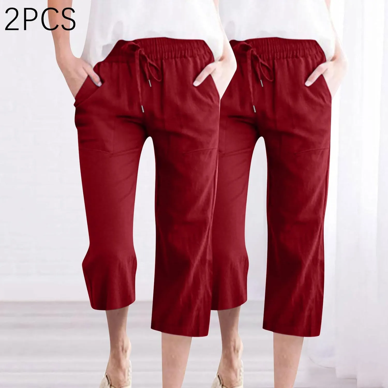 Cotton Linen Capri Pants for Women Fall Casual Capris Drawstring Elastic High Waist Pant Leg Cropped Trouser 2 Pack