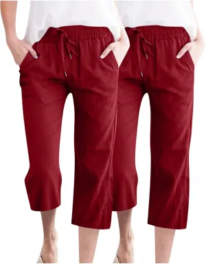 Cotton Linen Capri Pants for Women Fall Casual Capris Drawstring Elastic High Waist Pant Leg Cropped Trouser 2 Pack