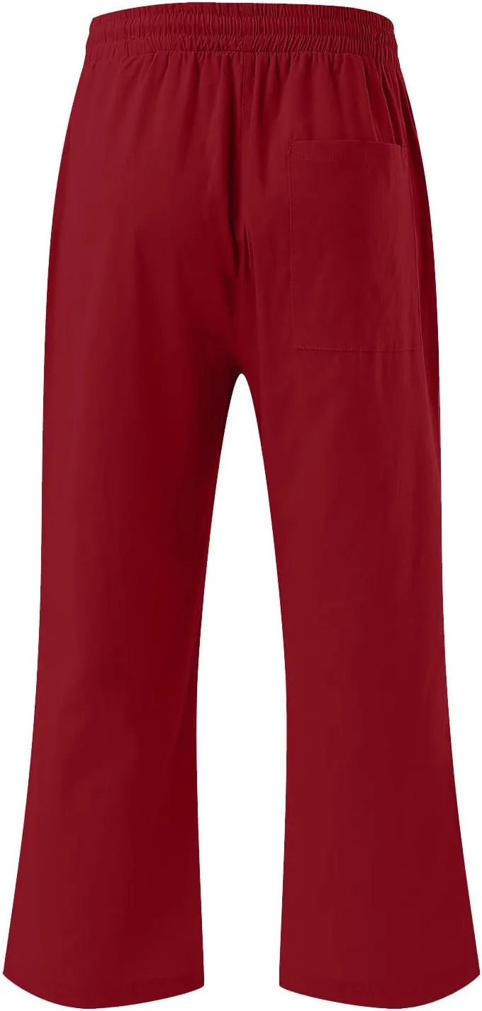 Cotton Linen Capri Pants for Women Fall Casual Capris Drawstring Elastic High Waist Pant Leg Cropped Trouser 2 Pack