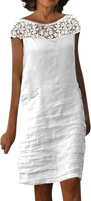 Cotton Linen Dresses for Women,2024 Summer Elegant Trendy V Neck 3/4 Sleeve Midi Dress,Casual Plain Beach Dress