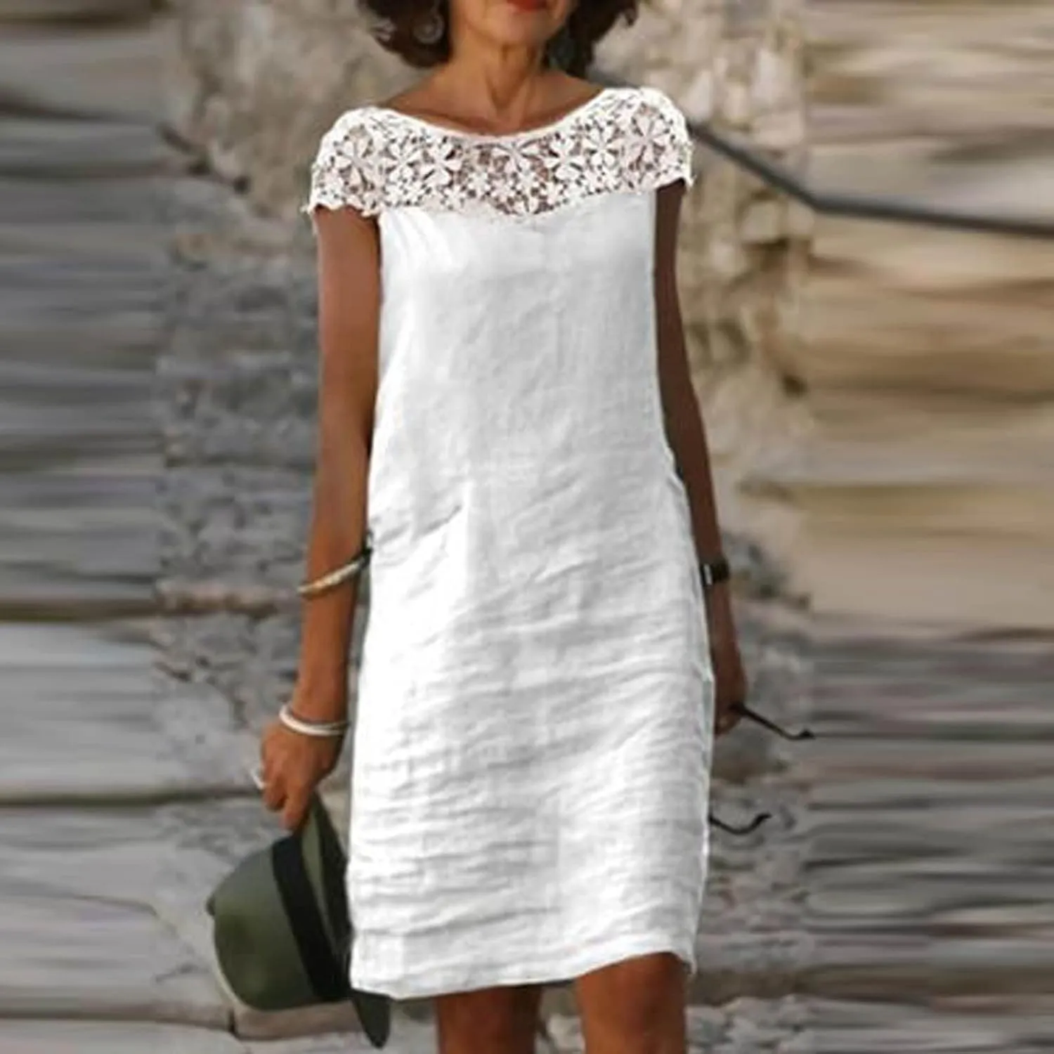 Cotton Linen Dresses for Women,2024 Summer Elegant Trendy V Neck 3/4 Sleeve Midi Dress,Casual Plain Beach Dress
