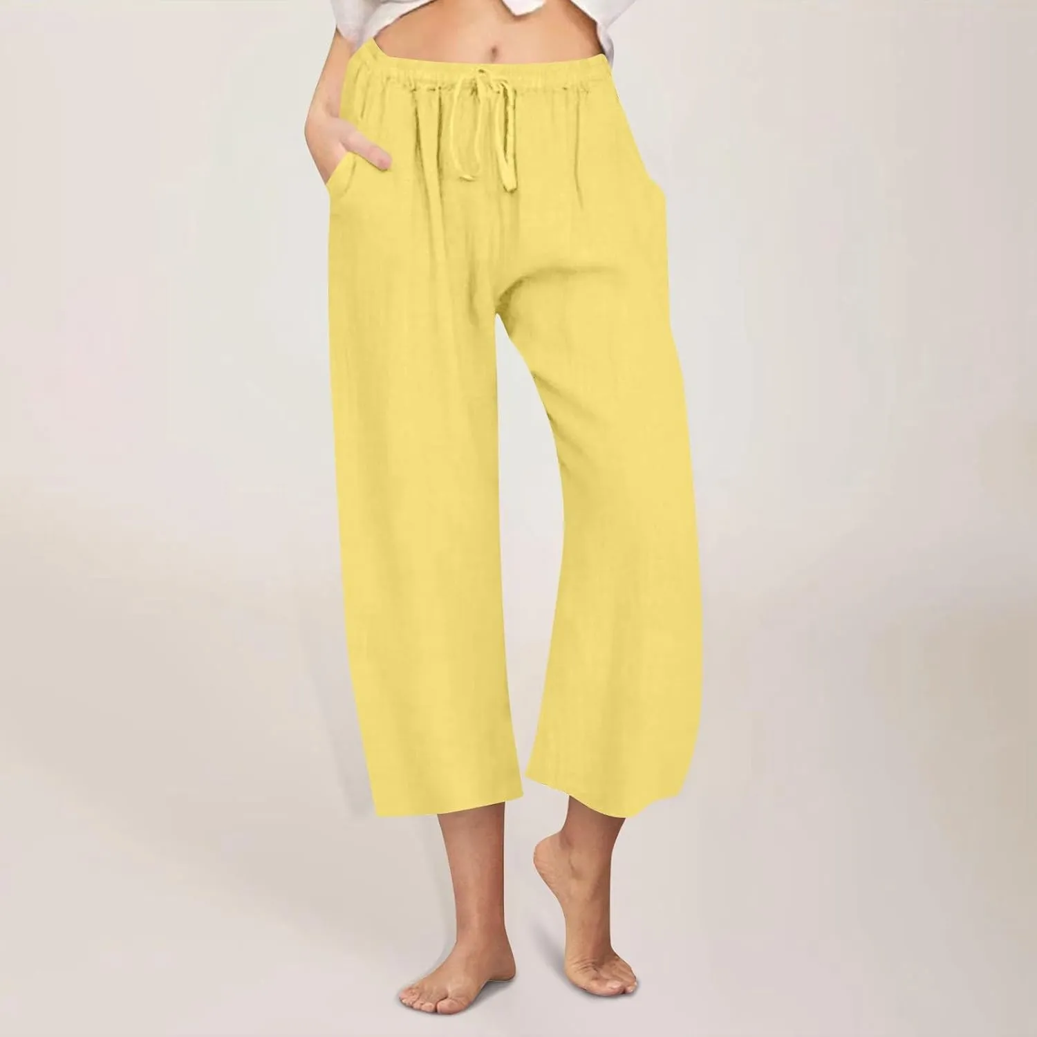 Cotton Linen Pants for Women 2025 Wide Leg Loose Fit Cropped Trousers Drawstring Elastic Waist Summer Beach Pant