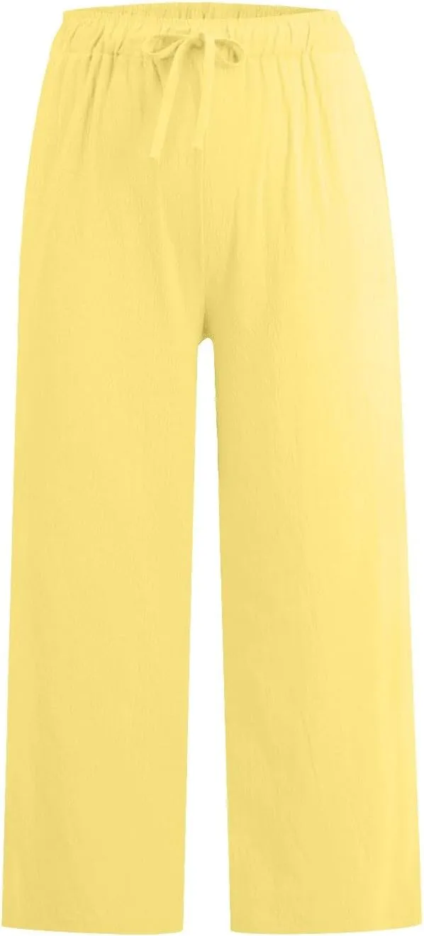 Cotton Linen Pants for Women 2025 Wide Leg Loose Fit Cropped Trousers Drawstring Elastic Waist Summer Beach Pant