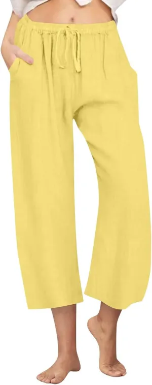 Cotton Linen Pants for Women 2025 Wide Leg Loose Fit Cropped Trousers Drawstring Elastic Waist Summer Beach Pant