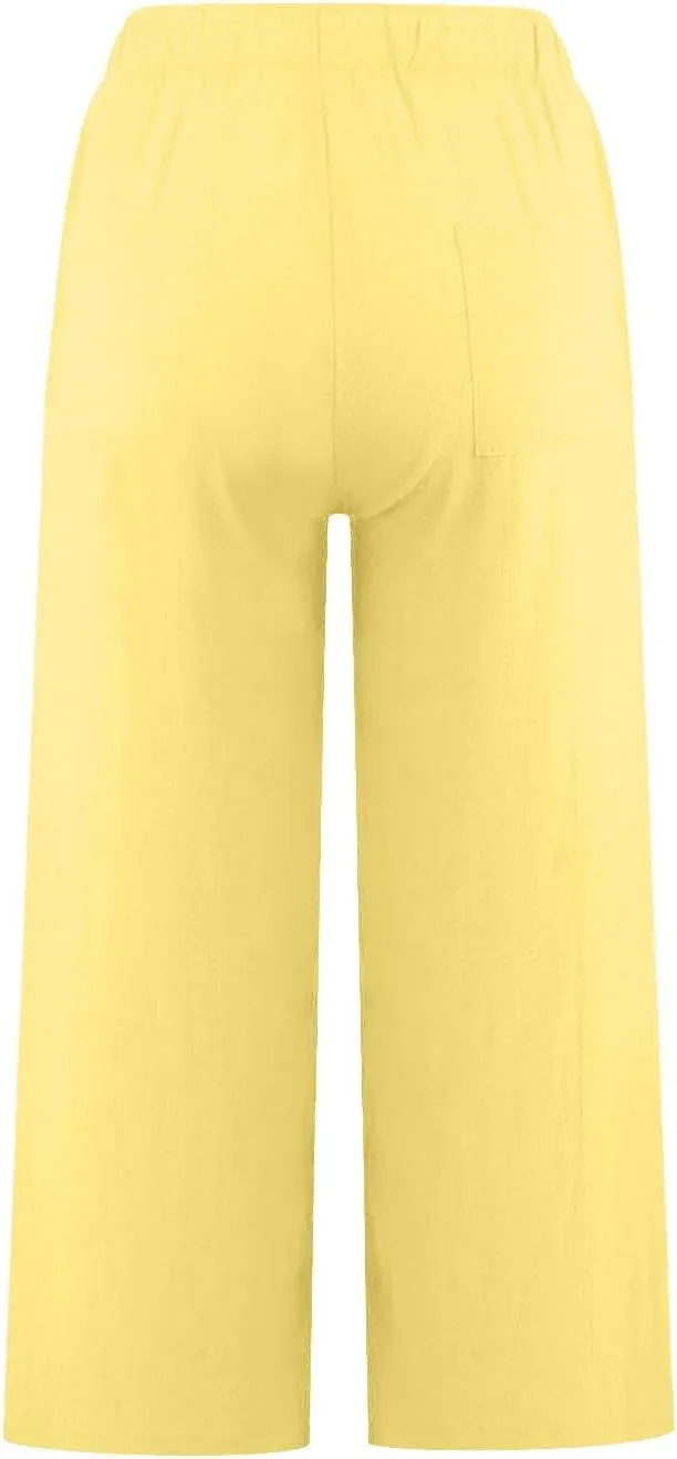 Cotton Linen Pants for Women 2025 Wide Leg Loose Fit Cropped Trousers Drawstring Elastic Waist Summer Beach Pant