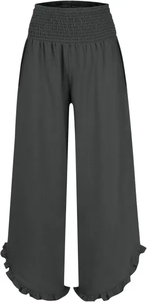 Cotton Linen Pants for Women 2025 Wide Leg Ruffle Hem Elastic High Waist Palazzo Long Pant Flowy Hem Lounge Trousers