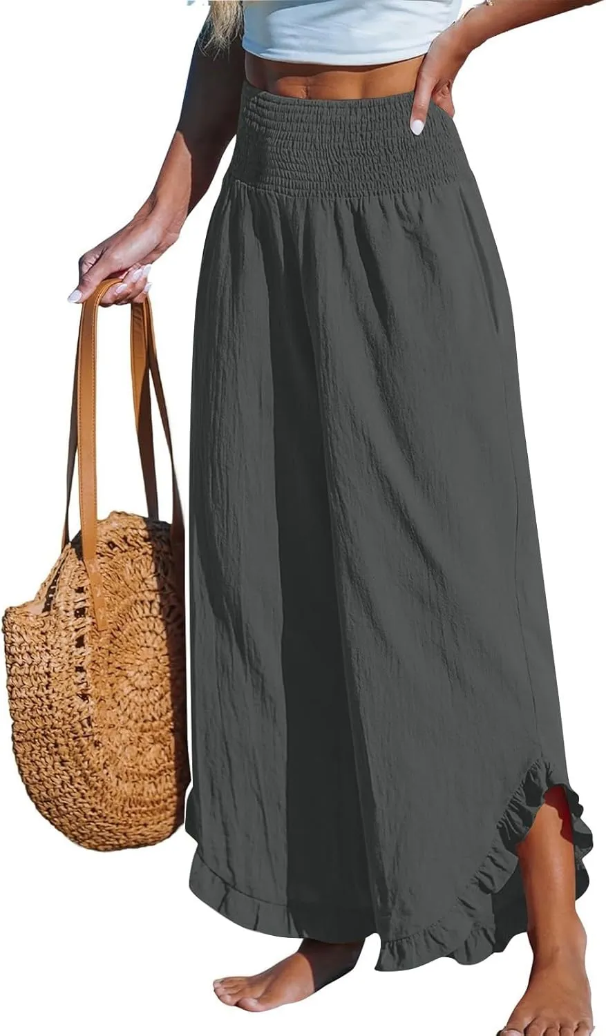Cotton Linen Pants for Women 2025 Wide Leg Ruffle Hem Elastic High Waist Palazzo Long Pant Flowy Hem Lounge Trousers