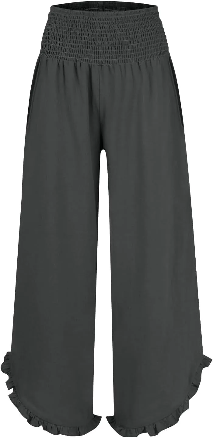Cotton Linen Pants for Women 2025 Wide Leg Ruffle Hem Elastic High Waist Palazzo Long Pant Flowy Hem Lounge Trousers
