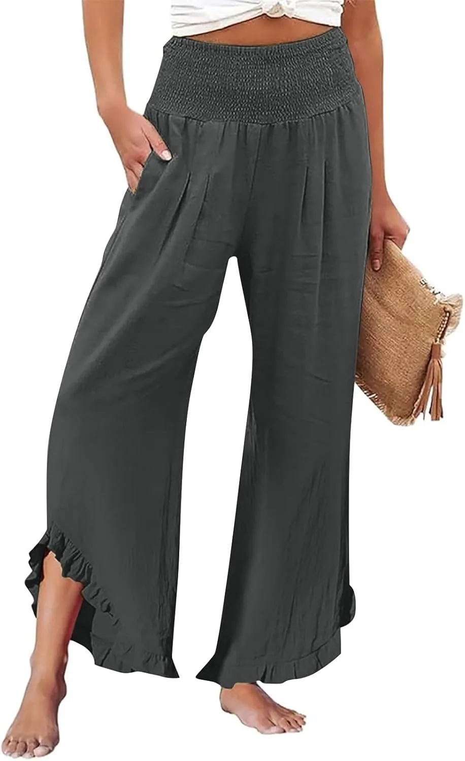 Cotton Linen Pants for Women 2025 Wide Leg Ruffle Hem Elastic High Waist Palazzo Long Pant Flowy Hem Lounge Trousers