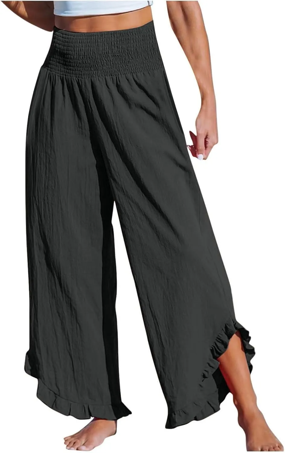 Cotton Linen Pants for Women 2025 Wide Leg Ruffle Hem Elastic High Waist Palazzo Long Pant Flowy Hem Lounge Trousers