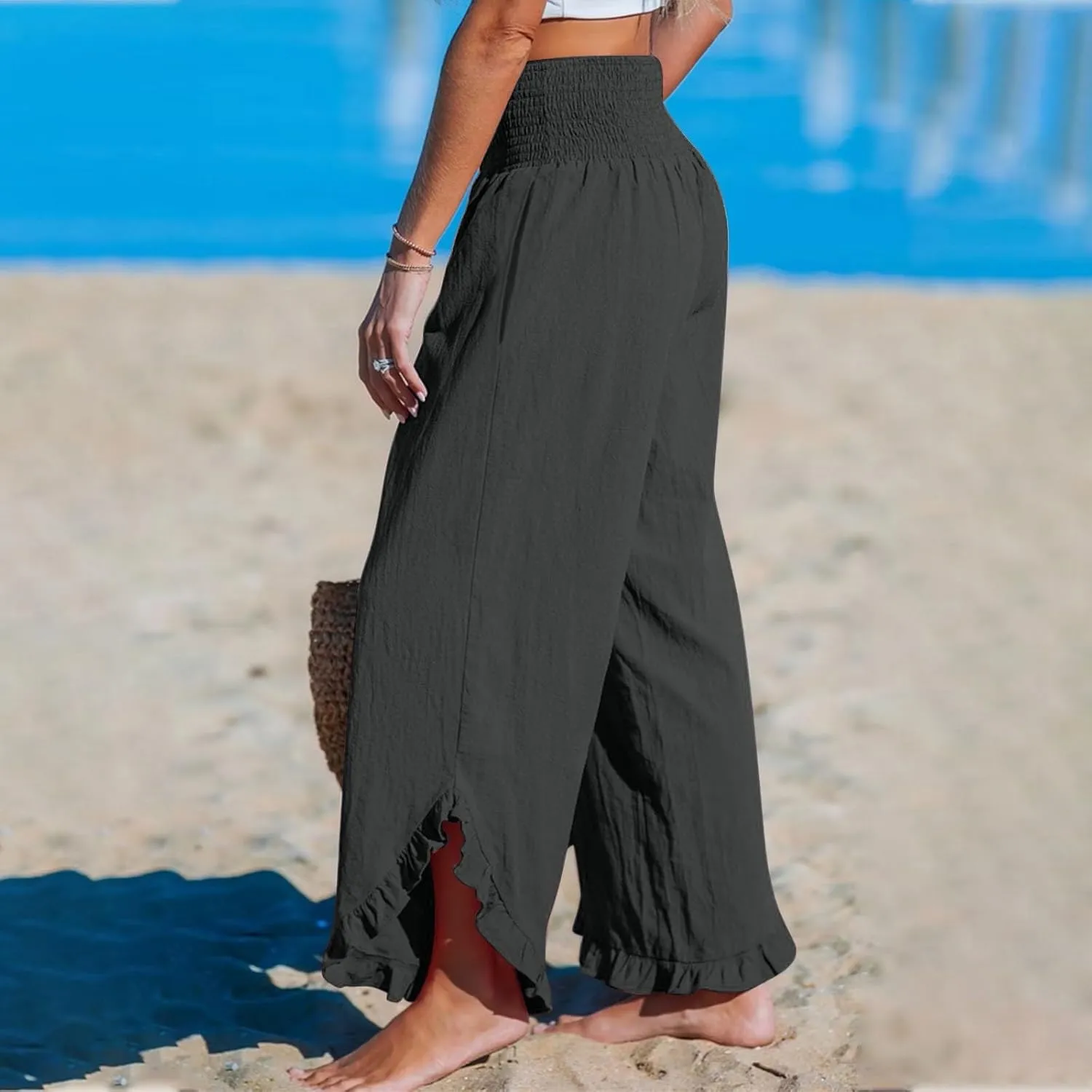 Cotton Linen Pants for Women 2025 Wide Leg Ruffle Hem Elastic High Waist Palazzo Long Pant Flowy Hem Lounge Trousers