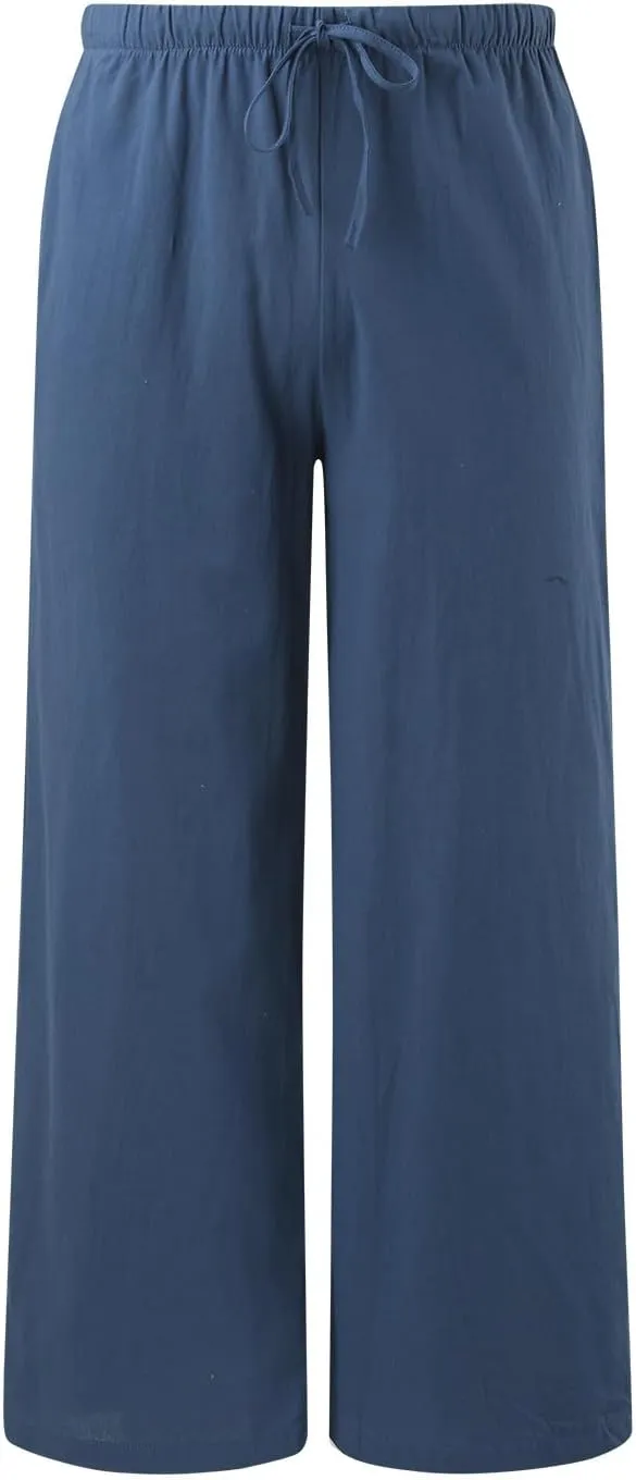 Cotton Linen Pants Women Summer Wide Leg Flowy Pants Cusual Drawstring High Waist Palazzo Pants Beach Trousers with Pockets