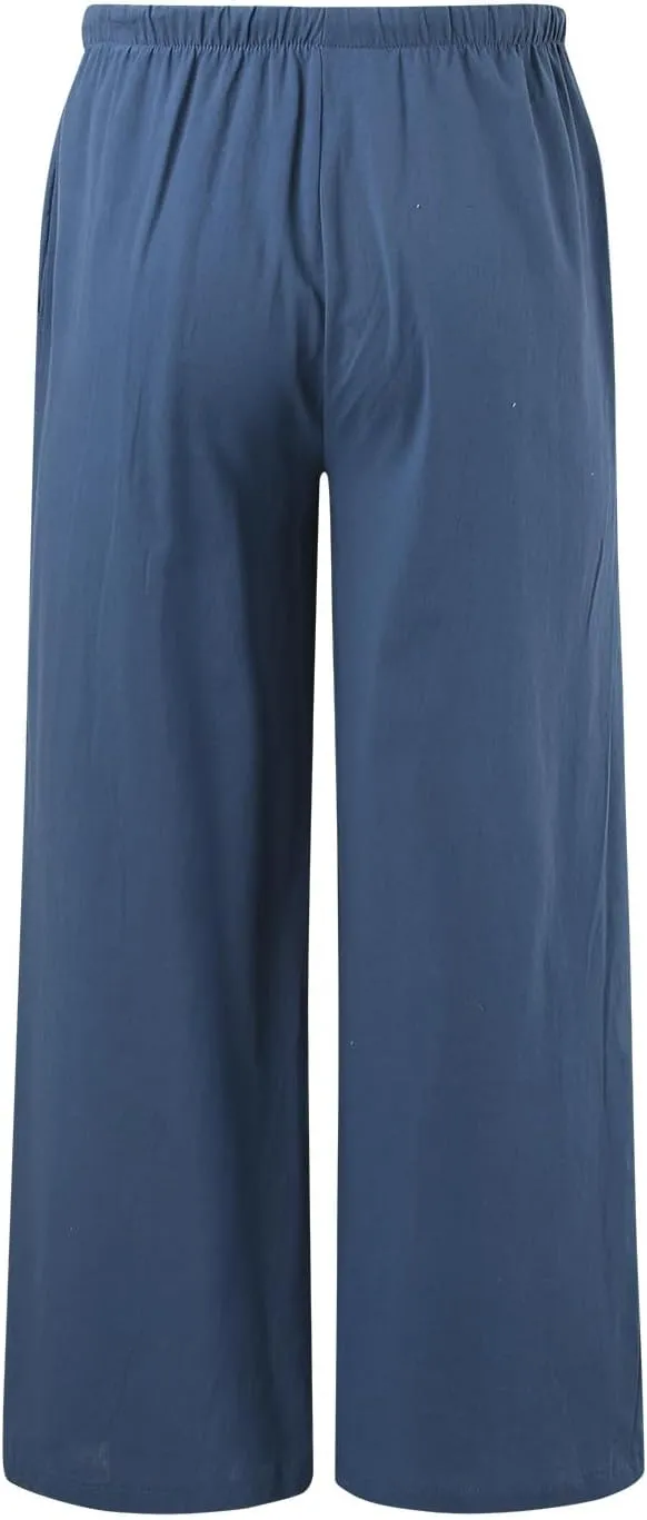 Cotton Linen Pants Women Summer Wide Leg Flowy Pants Cusual Drawstring High Waist Palazzo Pants Beach Trousers with Pockets