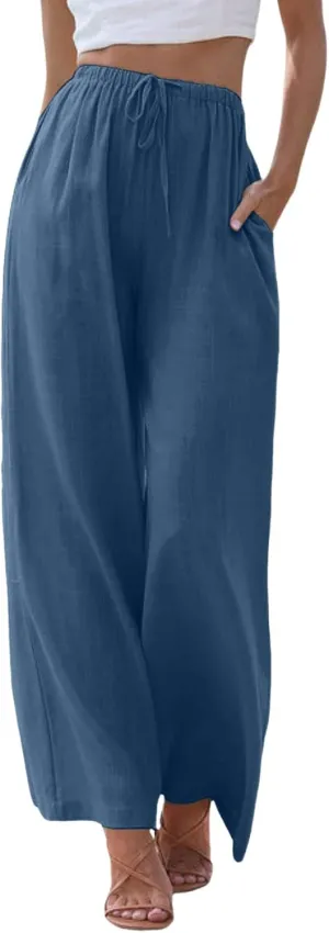 Cotton Linen Pants Women Summer Wide Leg Flowy Pants Cusual Drawstring High Waist Palazzo Pants Beach Trousers with Pockets
