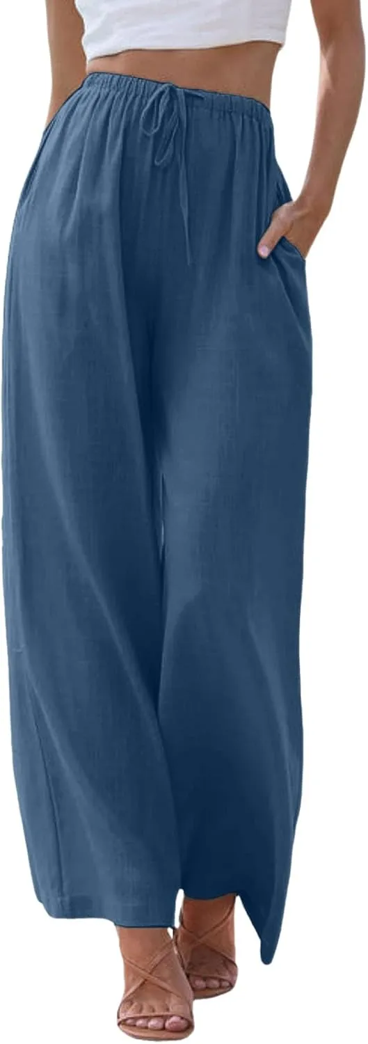 Cotton Linen Pants Women Summer Wide Leg Flowy Pants Cusual Drawstring High Waist Palazzo Pants Beach Trousers with Pockets