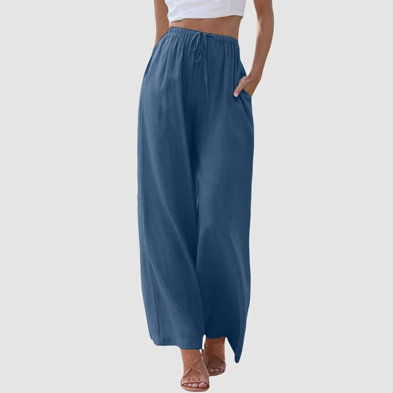 Cotton Linen Pants Women Summer Wide Leg Flowy Pants Cusual Drawstring High Waist Palazzo Pants Beach Trousers with Pockets