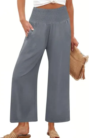 Cropped Linen Pants Women Smocked Elastic Waisted Wide Leg Pants Summer Loose Beach Palazzo Lounge Pant with Pockets