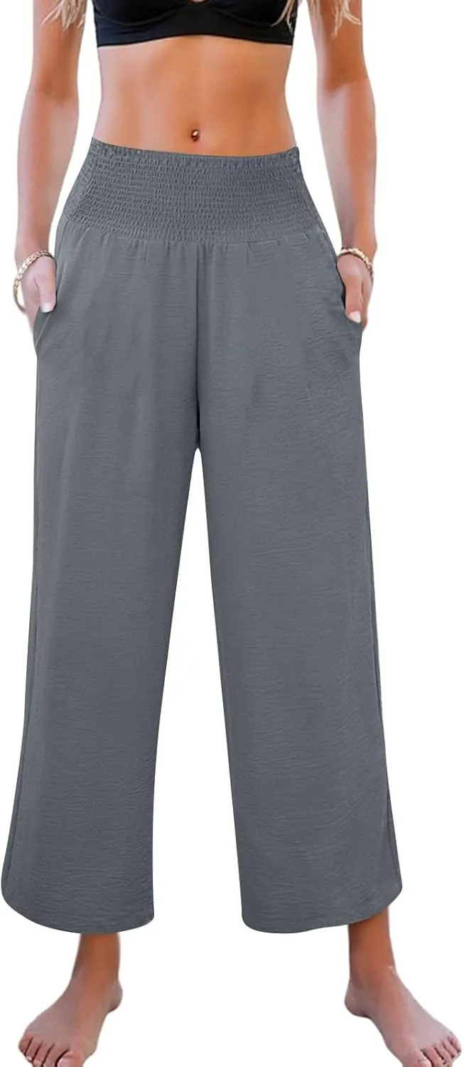 Cropped Linen Pants Women Smocked Elastic Waisted Wide Leg Pants Summer Loose Beach Palazzo Lounge Pant with Pockets