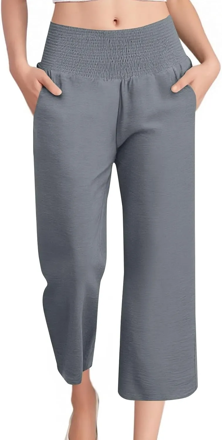 Cropped Linen Pants Women Smocked Elastic Waisted Wide Leg Pants Summer Loose Beach Palazzo Lounge Pant with Pockets
