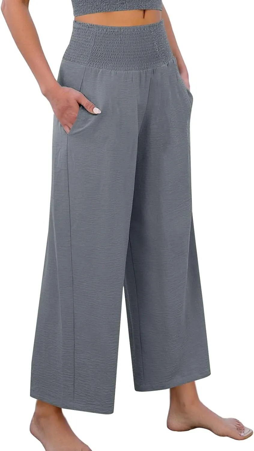 Cropped Linen Pants Women Smocked Elastic Waisted Wide Leg Pants Summer Loose Beach Palazzo Lounge Pant with Pockets