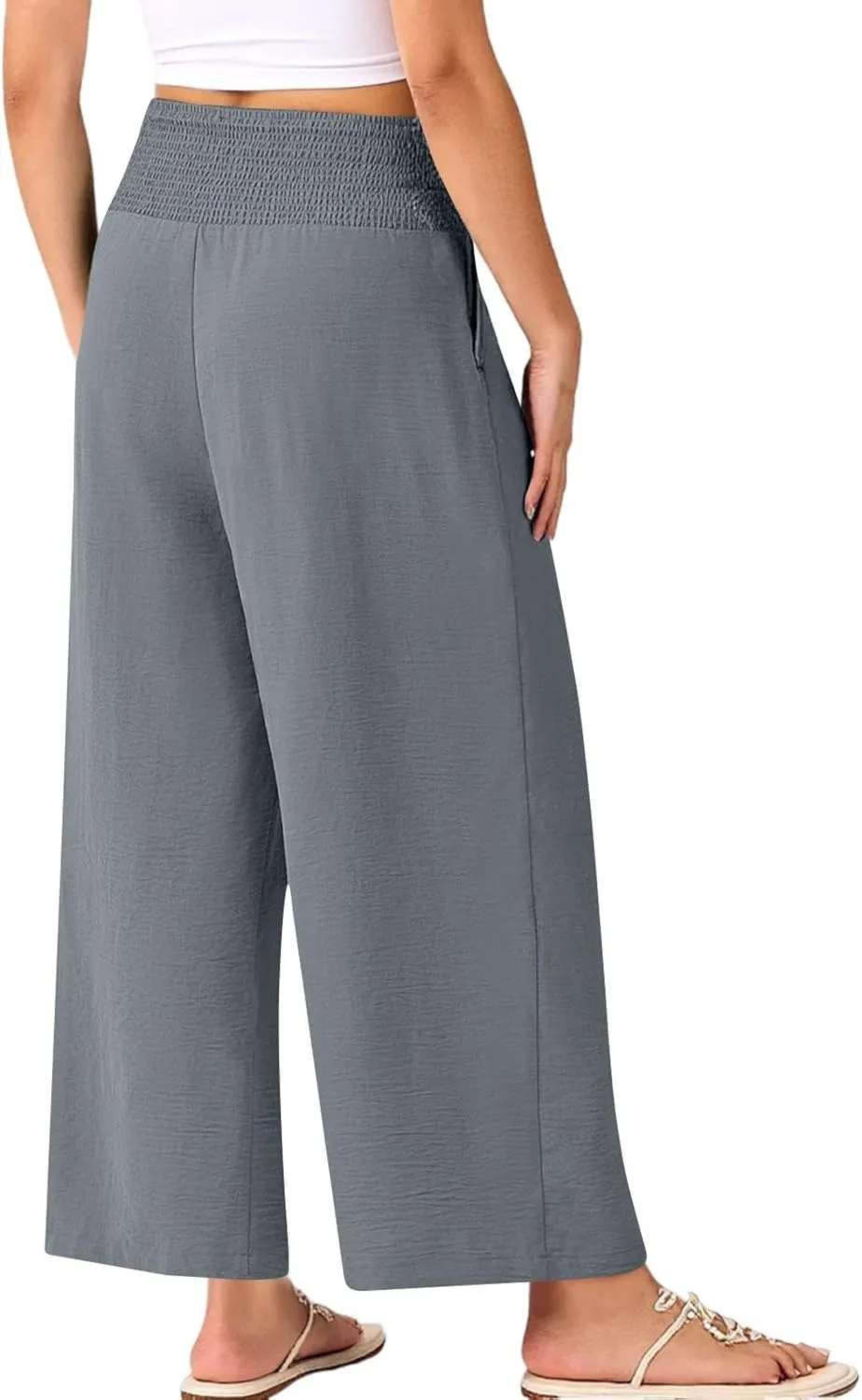 Cropped Linen Pants Women Smocked Elastic Waisted Wide Leg Pants Summer Loose Beach Palazzo Lounge Pant with Pockets