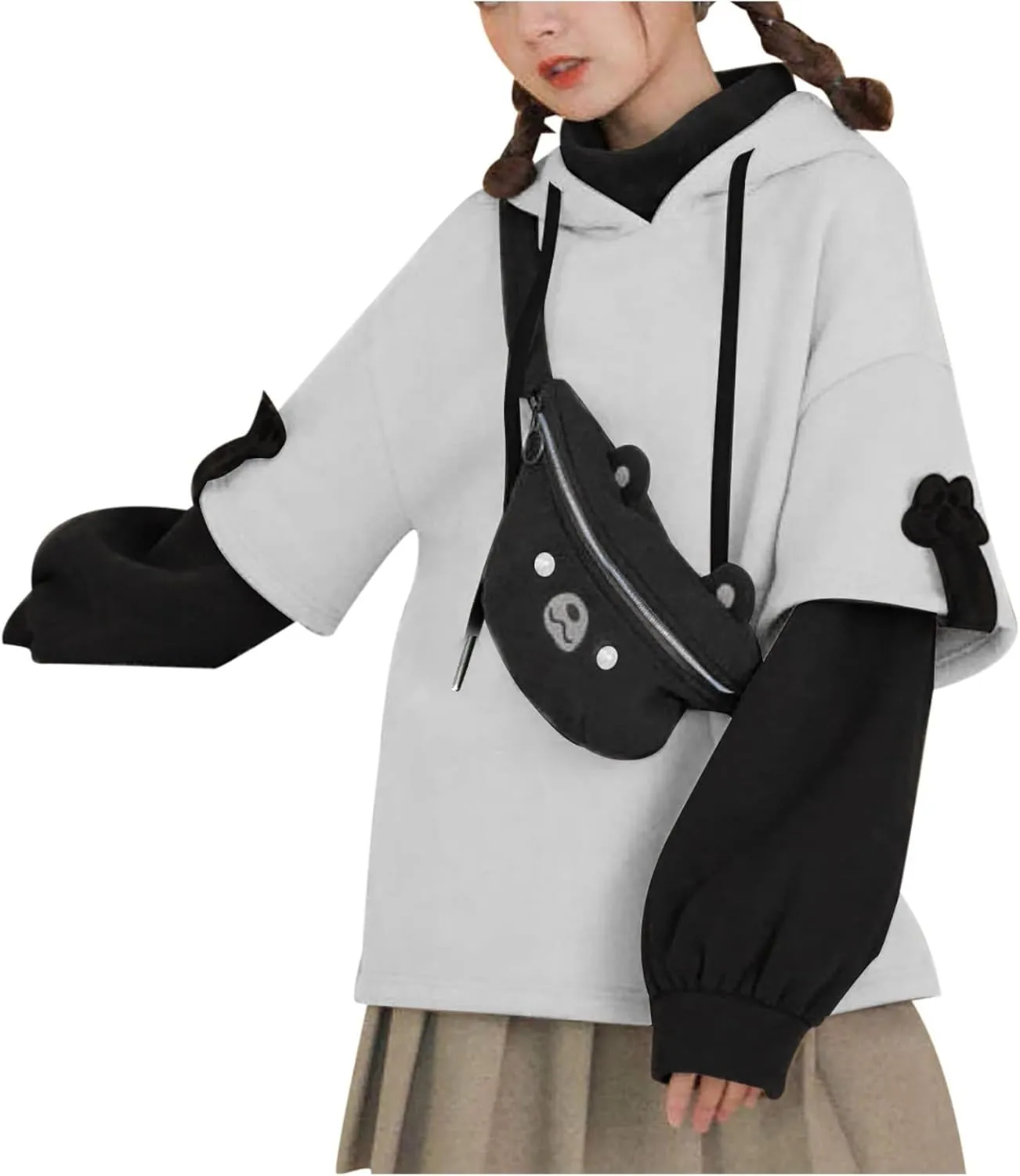 Cute Brown Bear Hoodie for Women Teen Girls Long Sleeve Kawaii Sweatshirts Patchwork Shirt with Cute Personality Bag