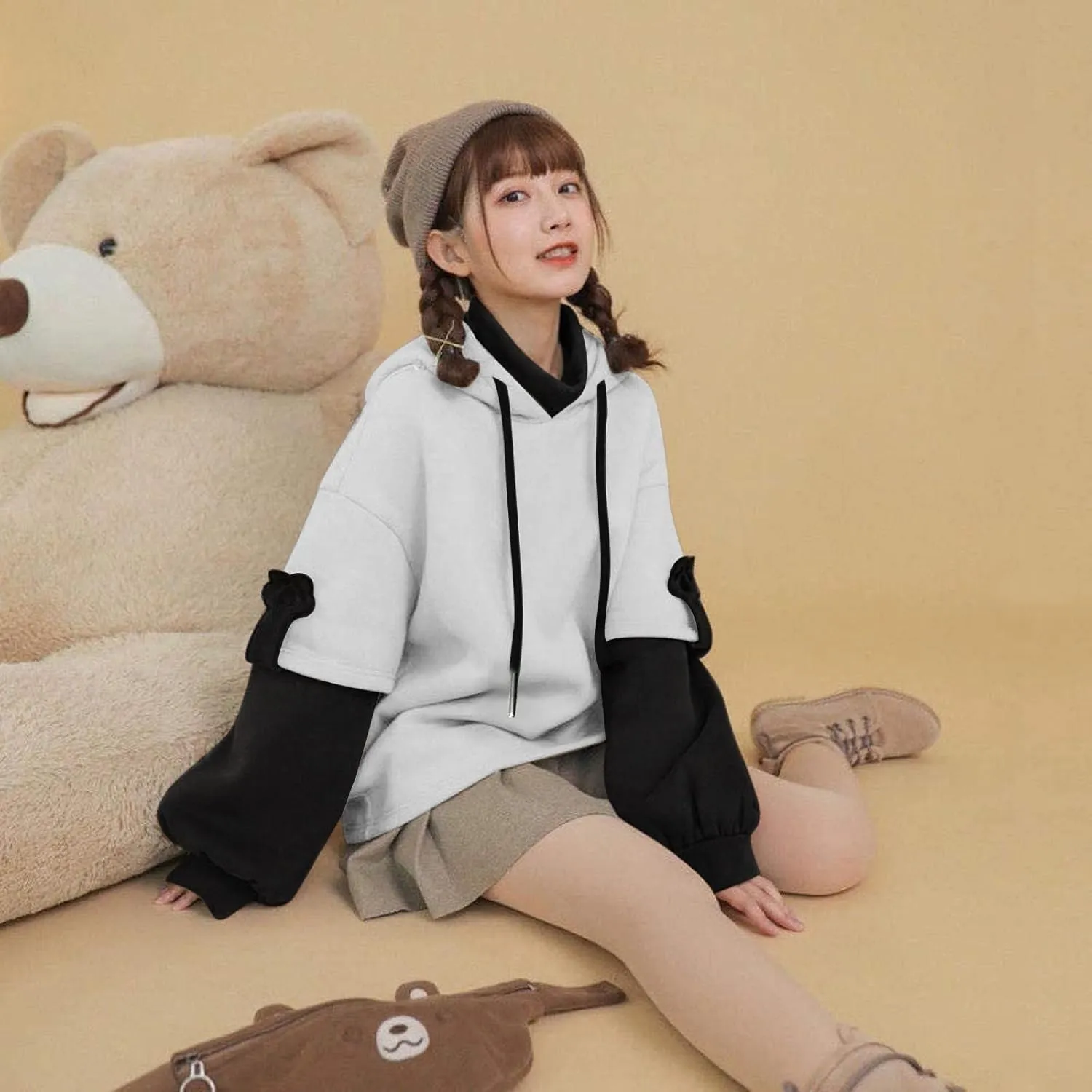 Cute Brown Bear Hoodie for Women Teen Girls Long Sleeve Kawaii Sweatshirts Patchwork Shirt with Cute Personality Bag
