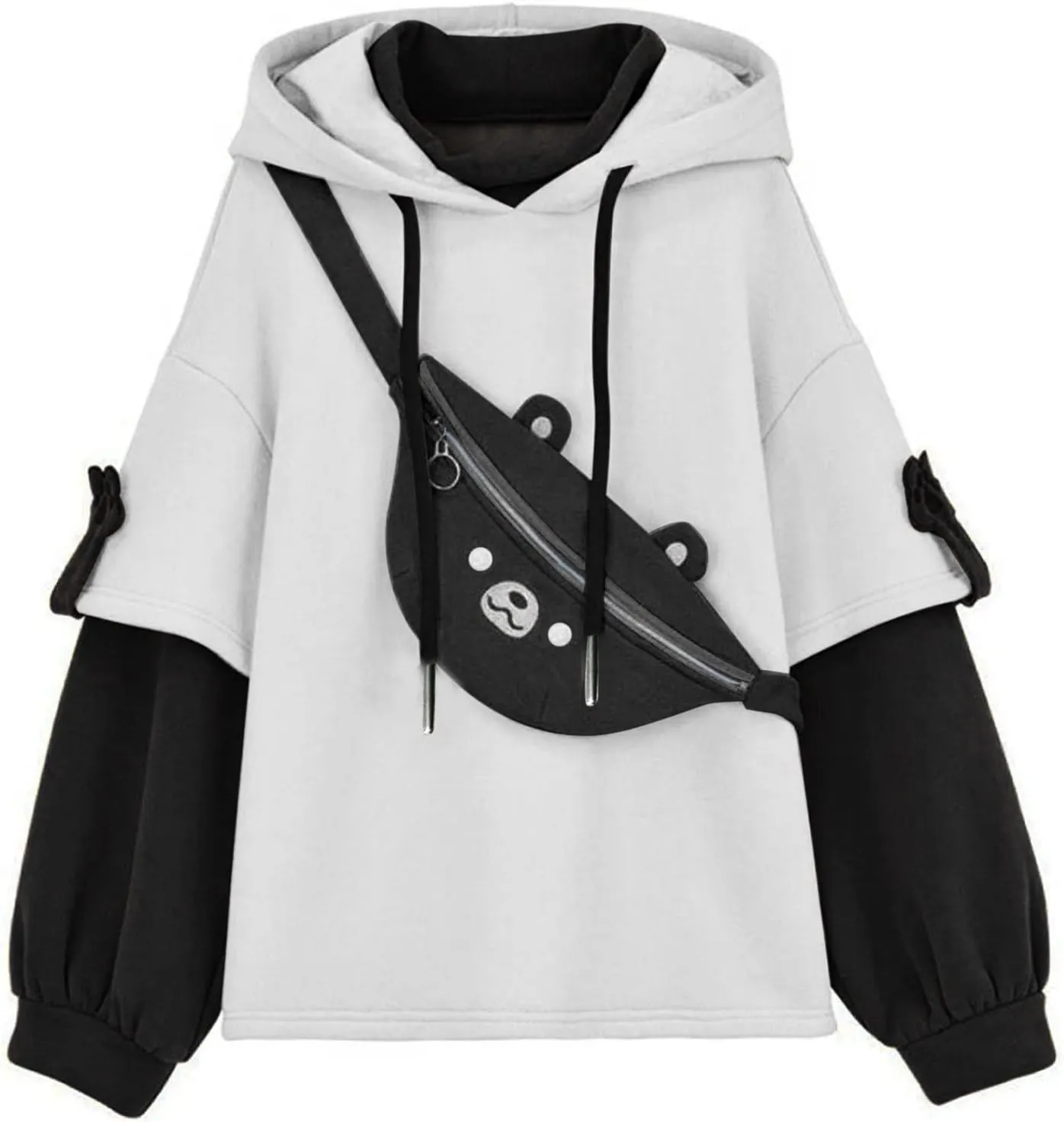 Cute Brown Bear Hoodie for Women Teen Girls Long Sleeve Kawaii Sweatshirts Patchwork Shirt with Cute Personality Bag