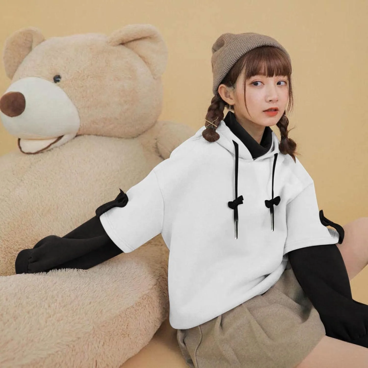 Cute Brown Bear Hoodie for Women Teen Girls Long Sleeve Kawaii Sweatshirts Patchwork Shirt with Cute Personality Bag