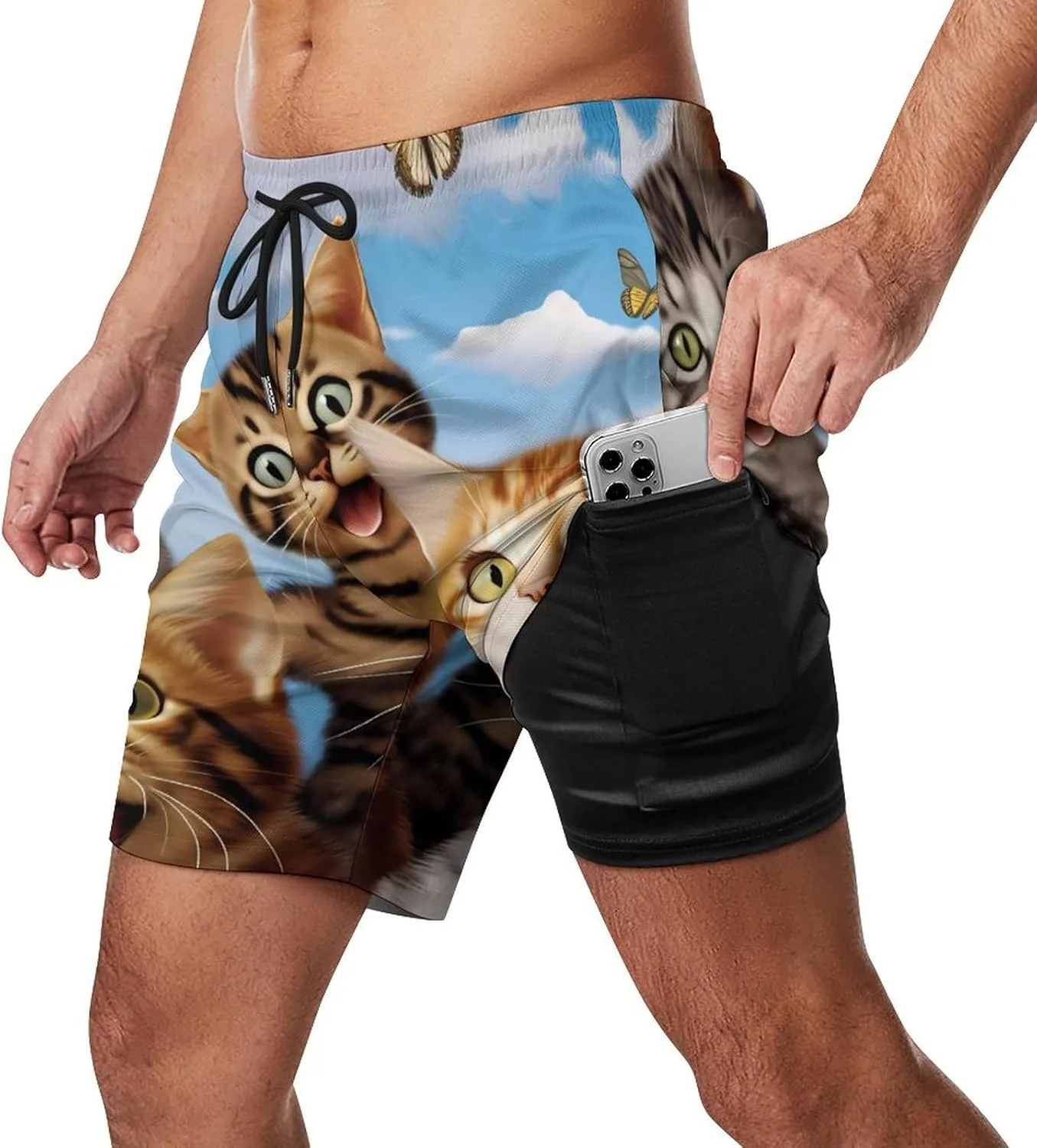 Cute Cats Butterfly Men's Swim Trunks with Compression Liner Beach Swimming Shorts with Drawstring and Pockets