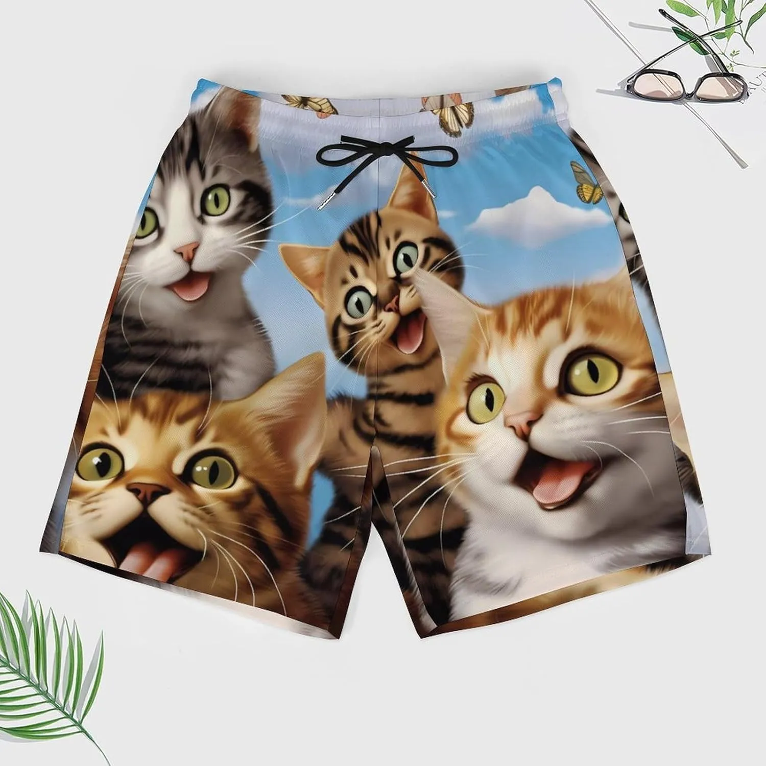 Cute Cats Butterfly Men's Swim Trunks with Compression Liner Beach Swimming Shorts with Drawstring and Pockets