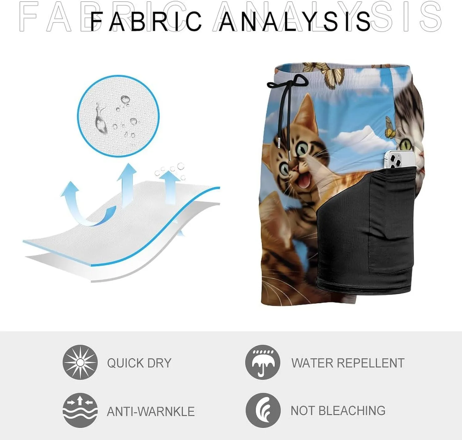 Cute Cats Butterfly Men's Swim Trunks with Compression Liner Beach Swimming Shorts with Drawstring and Pockets