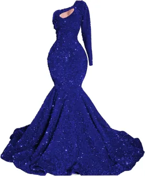 Datangep Long Sleeves Sequins Mermaid Prom Dress One Shoulder Evening Dress Celebrity Pageant Gown Chapel Train