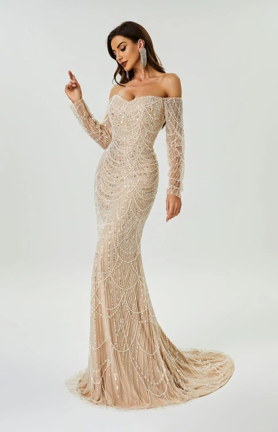 Datangep Luxury Bead Champagne Prom Dresses Off Shoulder Long Sleeves Mermaid Evening Dress Formal Party Gowns
