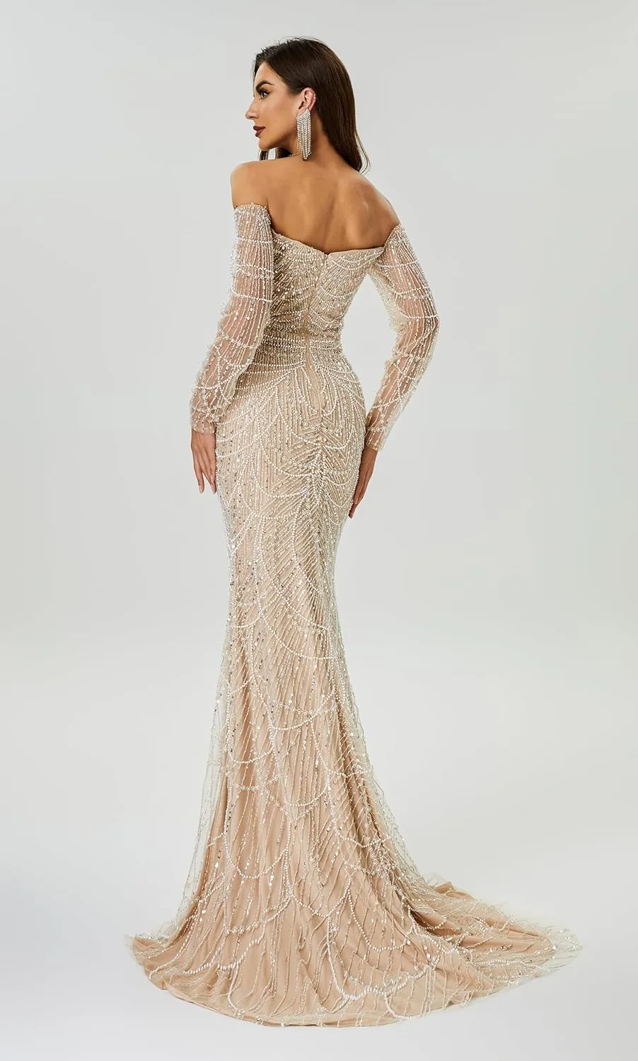 Datangep Luxury Bead Champagne Prom Dresses Off Shoulder Long Sleeves Mermaid Evening Dress Formal Party Gowns