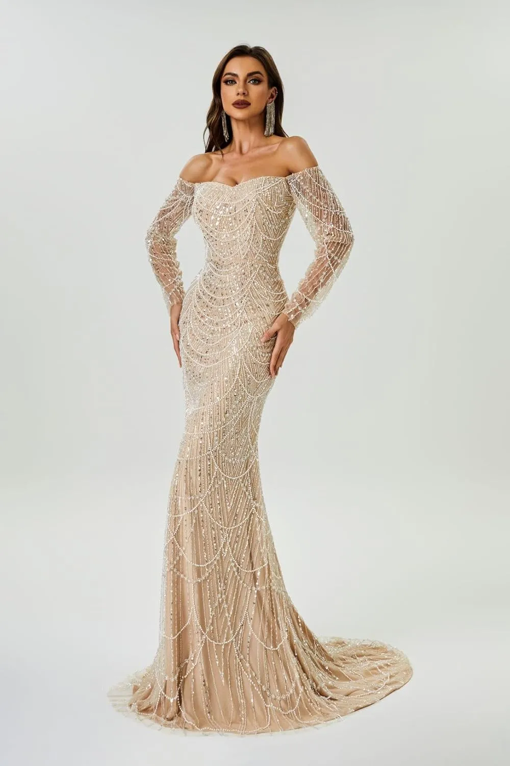 Datangep Luxury Bead Champagne Prom Dresses Off Shoulder Long Sleeves Mermaid Evening Dress Formal Party Gowns
