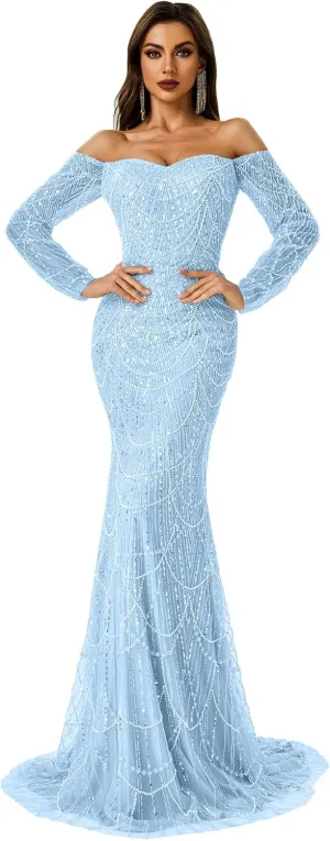 Datangep Luxury Bead Champagne Prom Dresses Off Shoulder Long Sleeves Mermaid Evening Dress Formal Party Gowns
