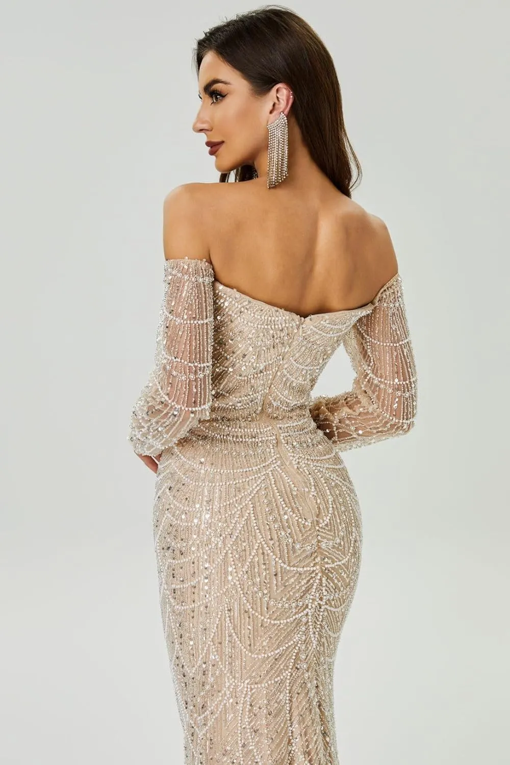 Datangep Luxury Bead Champagne Prom Dresses Off Shoulder Long Sleeves Mermaid Evening Dress Formal Party Gowns