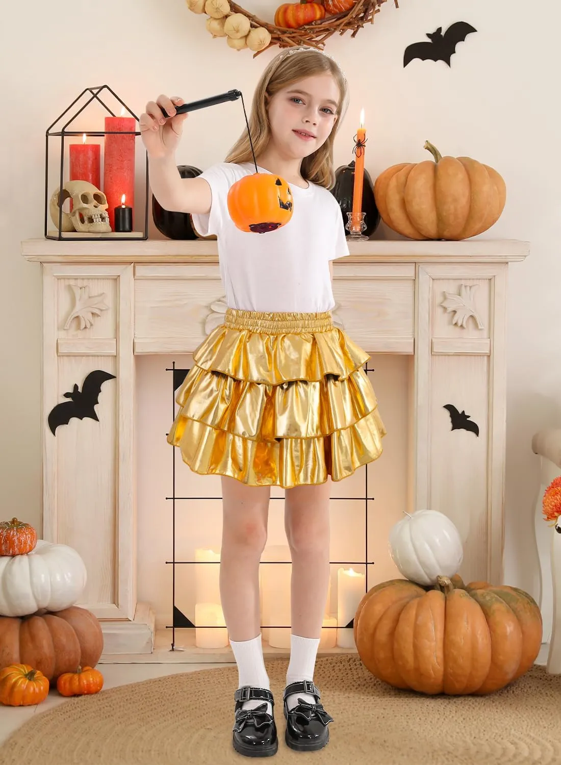 DAXIANG Girls Metallic Skirt with Shorts 3-Layer Pleated Ruffle Skirt for Girls Christmas Dance 4-13 Years