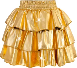 DAXIANG Girls Metallic Skirt with Shorts 3-Layer Pleated Ruffle Skirt for Girls Christmas Dance 4-13 Years